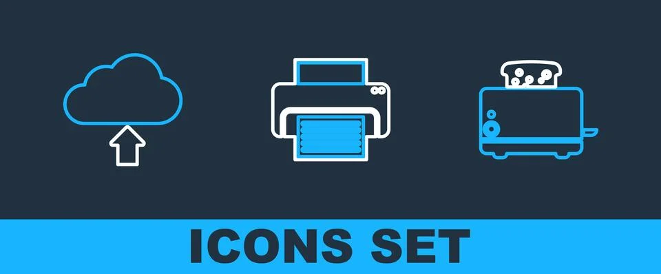 Set line Toaster with toasts, Cloud upload and Printer icon. Vector Stock Illustration