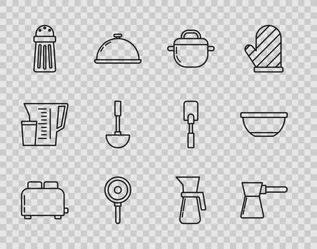 Set line Toaster with toasts, Coffee turk, Cooking pot, Frying pan, Salt, K.. Stock Illustration