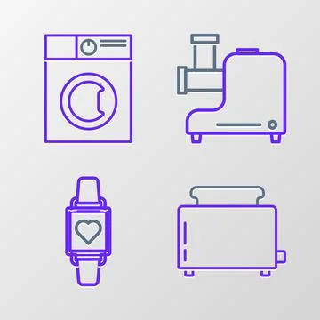 Set line Toaster with toasts, Smart watch showing heart beat rate, Kitchen meat Stock Illustration