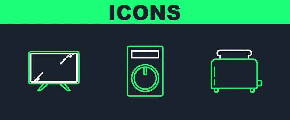 Set line Toaster with toasts, Smart Tv and Remote control icon. Vector Stock Illustration