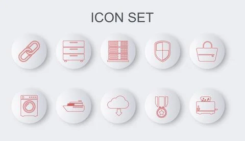 Set line Toaster with toasts, Washer, Server, Data, Web Hosting, Medal star.. Stock Illustration
