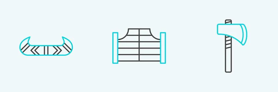 Set line Tomahawk axe, Kayak or canoe and paddle and Saloon door icon. Vector Stock Illustration