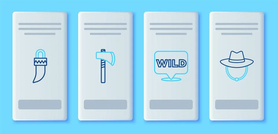 Set line Tomahawk axe, Pointer to wild west, Tooth and Western cowboy hat icon Illustrazione stock