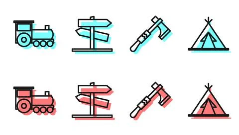 Set line Tomahawk axe, Retro train, Road traffic signpost and Indian teepee or Illustrazione stock