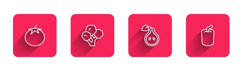 Set line Tomato Broccoli Pear and Bell pepper with long shadow. Red square bu Stock Illustration