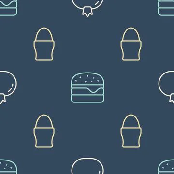 Set line Tomato, Chicken egg on stand and Burger on seamless pattern. Vector Illustrazione stock