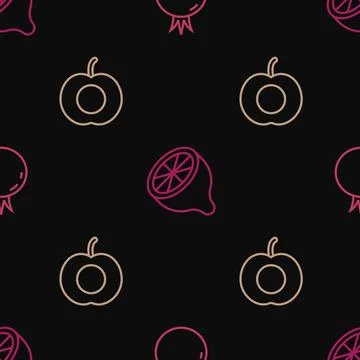 Set line Tomato, Peach fruit and Lemon on seamless pattern. Vector 库存插图