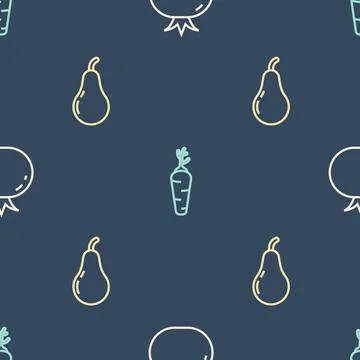 Set line Tomato, Pear and Carrot on seamless pattern. Vector Illustrazione stock