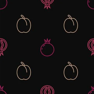 Set line Tomato, Plum fruit and on seamless pattern. Vector Illustrazione stock
