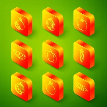 Set line Tomato, Watermelon, Apple, Pumpkin, Carrot,  and  icon. Vector Stock Illustration