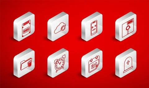 Set line Tombstone with cross, Cloud sync refresh, Dead mobile, Floppy disk in 库存插图