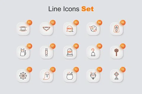 Set line Tombstone with cross, Devil head, Halloween witch cauldron, Ghost,.. Illustrazione stock