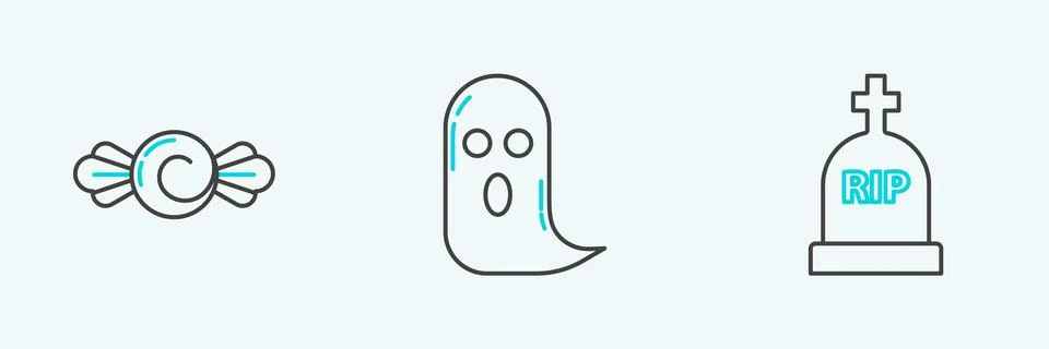 Set line Tombstone with RIP, Candy and Ghost icon. Vector Stock Illustration