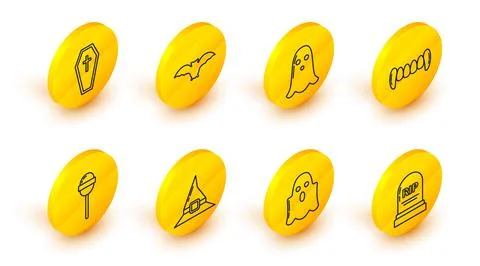 Set line Tombstone with RIP, Ghost, Witch hat, Lollipop, Vampire teeth, Fly.. Stock-Illustration