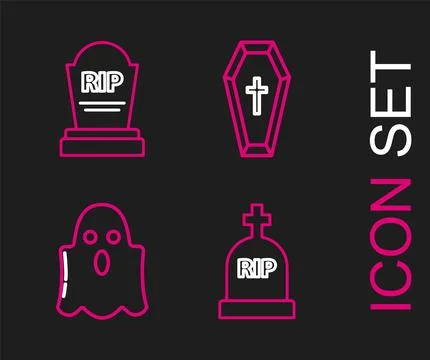 Set line Tombstone with RIP, Ghost, Coffin christian cross and  icon. Vector Stock Illustration