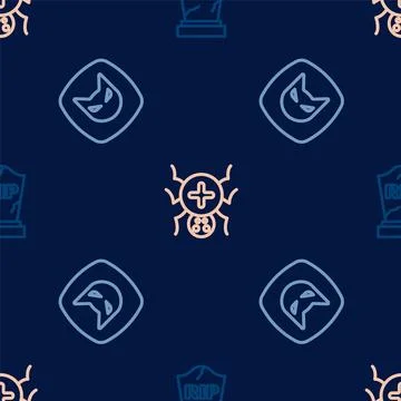Set line Tombstone with RIP written, Black cat and Spider on seamless pattern Stock Illustration