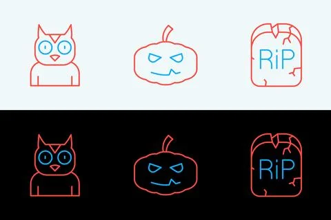 Set line Tombstone with RIP written, Owl bird and Pumpkin icon. Vector Stock Illustration