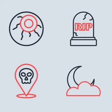 Set line Tombstone with RIP written, Skull, Moon and stars and Eye icon. Vect Stock Illustration