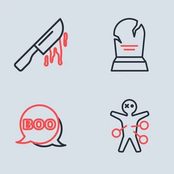 Set line Tombstone with RIP written, Boo speech bubble, Voodoo doll and Blo.. Stock Illustration