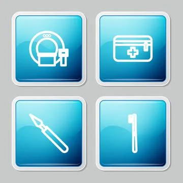 Set line Tomography, First aid kit, Medical surgery scalpel and Toothbrush icon Stock Illustration