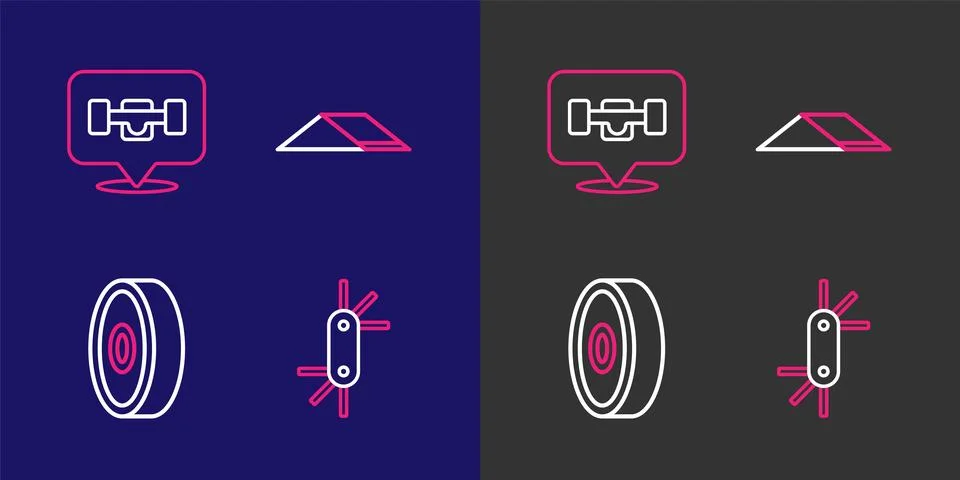 Set line Tool allen keys, Skateboard ball bearing, park and wheel icon. Vecto 库存插图