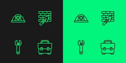 Set line Toolbox, Adjustable wrench, Worker safety helmet and Brick wall with Stock Illustration
