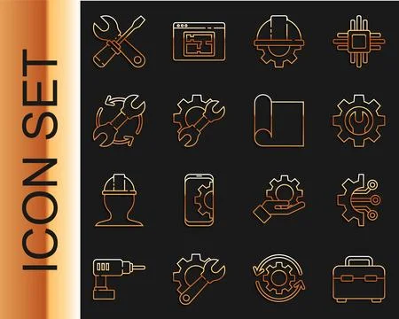 Set line Toolbox, Algorithm, Wrench spanner and gear, Worker safety helmet Stock Illustration