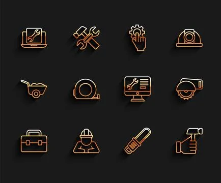 Set line Toolbox, Builder, Laptop service, Chainsaw, Hammer, Roulette const.. Ilustración de archivo
