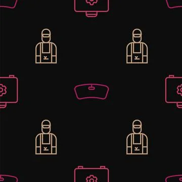Set line Toolbox, Car mechanic and Windshield on seamless pattern. Vector Illustrazione stock