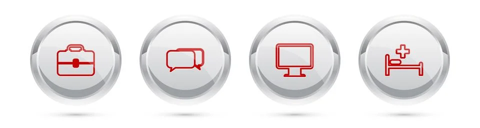 Set line Toolbox, Chat, Computer monitor screen and Hospital bed. Silver circle Stock Illustration