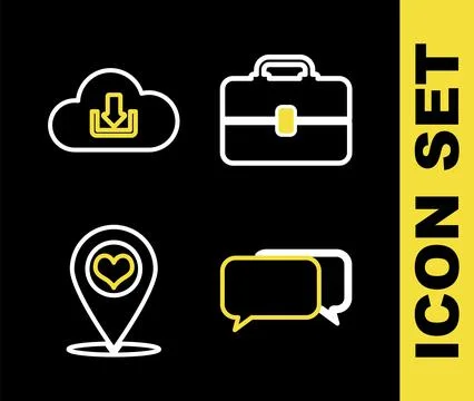 Set line Toolbox, Chat, Map pointer with heart and Cloud download icon. Vecto Illustrazione stock