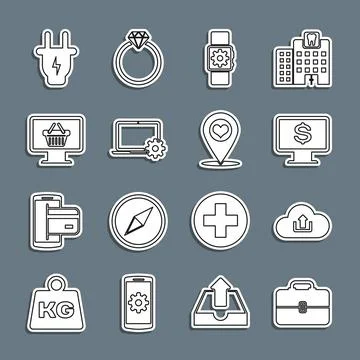 Set line Toolbox, Cloud upload, Monitor with dollar, Smartwatch setting, Laptop Stock Illustration