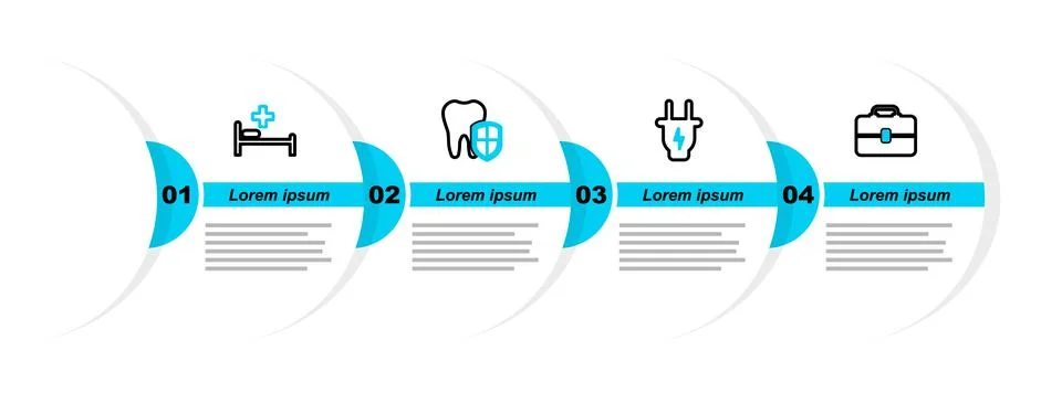 Set line Toolbox, Electric plug, Dental protection and Hospital bed icon. Vec Stock Illustration
