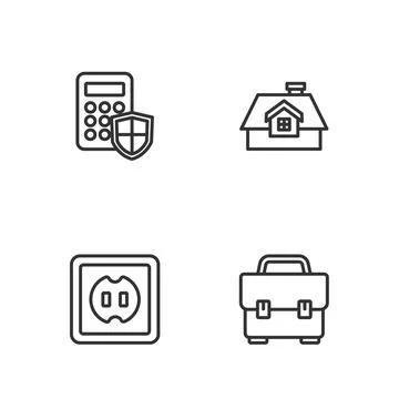 Set line Toolbox, Electrical outlet, Security keypad access panel and House icon Illustrazione stock