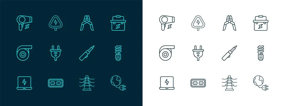 Set line Toolbox electrician, Electrical outlet, Soldering iron, tower line.. Stock Illustration