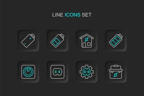 Set line Toolbox electrician, Electrical outlet, Power button, Battery char.. Stock Illustration
