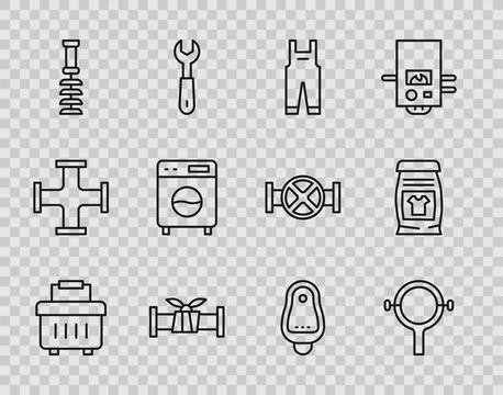 Set line Toolbox, Filter wrench, Work overalls, Industry metallic pipe, Toi.. Stock Illustration