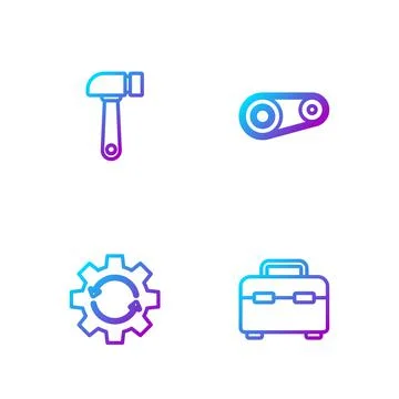 Set line Toolbox, Gear and arrows as workflow, Hammer and Timing belt kit Illustrazione stock