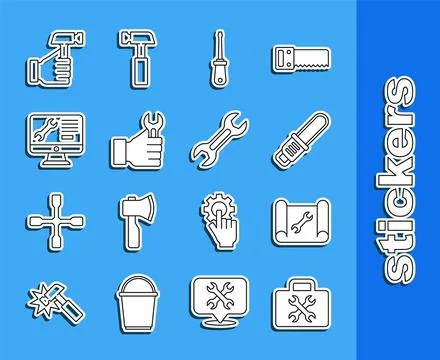 Set line Toolbox, Graphing paper and wrench, Chainsaw, Screwdriver, Wrench Stock Illustration