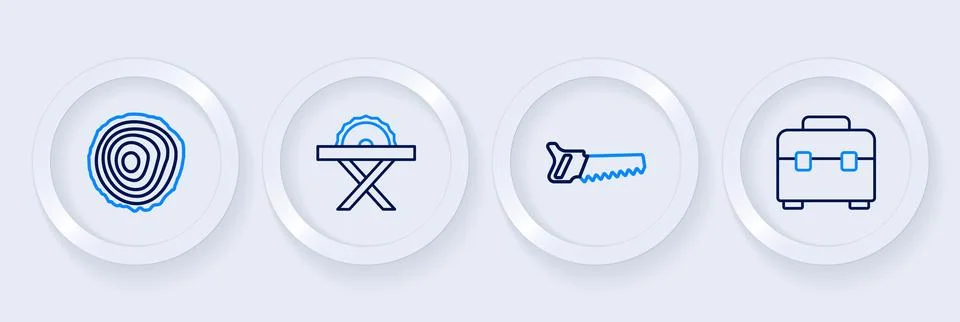 Set line Toolbox, Hand saw, Electric circular and Tree rings icon. Vector Stock Illustration