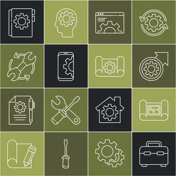 Set line Toolbox, House plan, Gear and arrows as workflow process, Browser Stock Illustration
