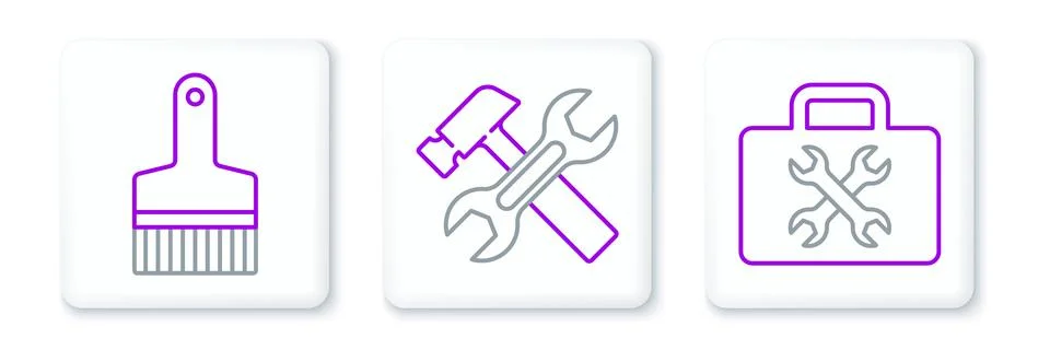 Set line Toolbox, Paint brush and Hammer and wrench icon. Vector Stock Illustration