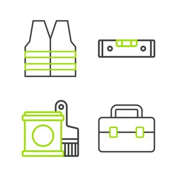 Set line Toolbox, Paint bucket and brush, Construction bubble level and Saf.. Illustrazione stock