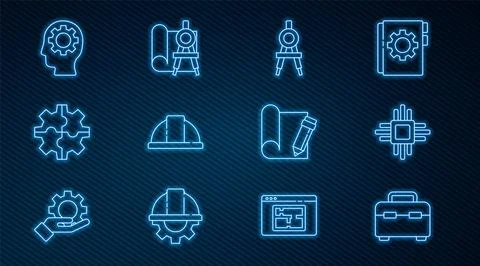 Set line Toolbox, Processor with microcircuits CPU, Drawing compass, Worker Stock Illustration
