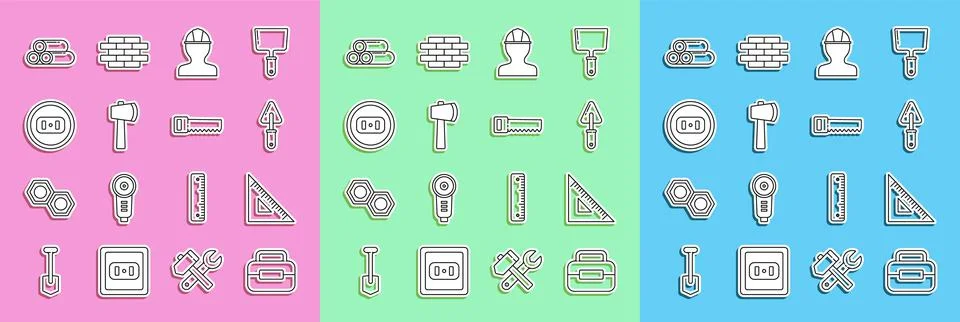 Set line Toolbox, Triangular ruler, Trowel, Worker safety helmet, Wooden axe Illustrazione stock