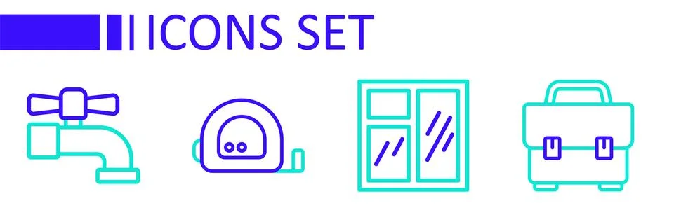 Set line Toolbox, Window in room, Roulette construction and Water tap icon... Ilustração Stock