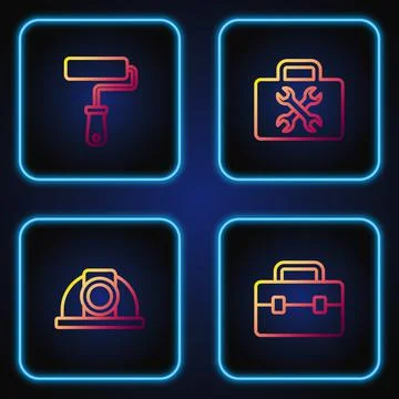 Set line Toolbox, Worker safety helmet, Paint roller brush and . Gradient color Illustrazione stock