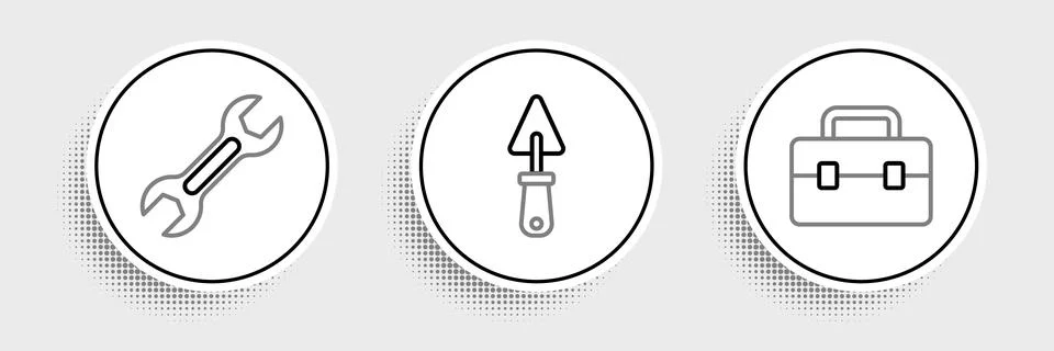 Set line Toolbox, Wrench spanner and Trowel icon. Vector Stock Illustration