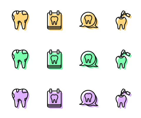 Set line Tooth, Broken tooth, Calendar with and caries and drill icon. Vector Stock Illustration