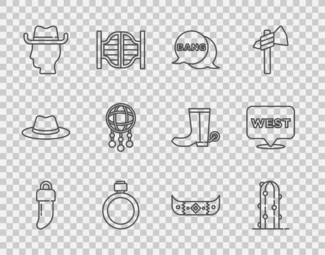 Set line Tooth, Cactus, Bang boom, gun Comic, Canteen water bottle, Cowboy,.. Illustrazione stock